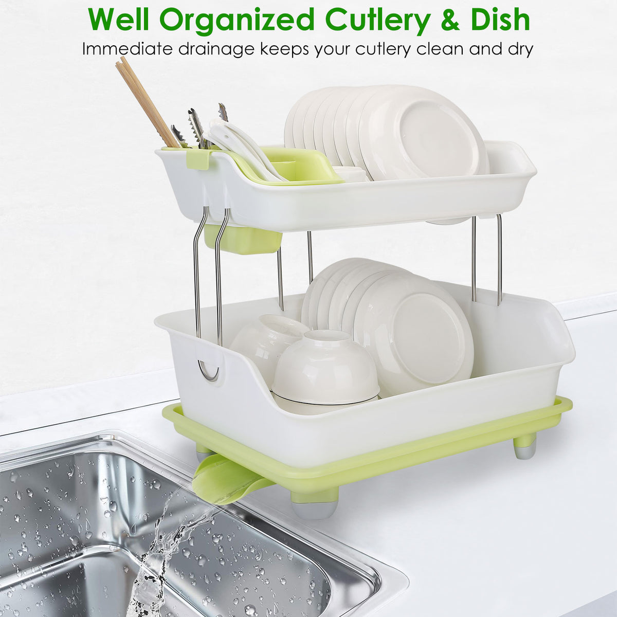 AEELLEEA 2-Tier Dish Drying Rack, Countertop PP Dish Rack with Automatic Drainage, Stainless Steel Support & Cutlery Holder for Kitchen