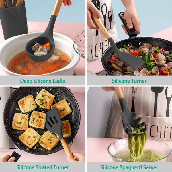 12 Pcs Silicone Kitchen Utensil Set with Bamboo Handles, Gray Cooking Tools with Holder, Heat Resistant Nonstick Spatula Set