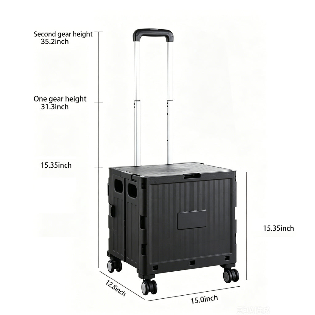 Foldable Utility Cart Portable Rolling Crate with Lid Collapsible Handcart Shopping Trolley Telescopic Handle 4 Wheels for Picnic Camping Outdoor Use