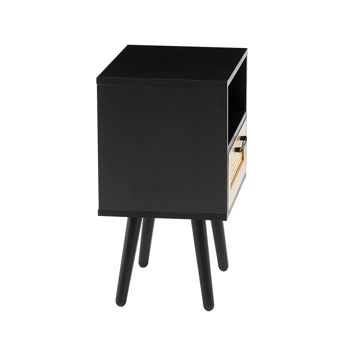 AEELLEEA- Black Rectangle Side Table, MDF Frame with Solid Wood Legs & Rattan Accent, 120 lbs Weight Capacity