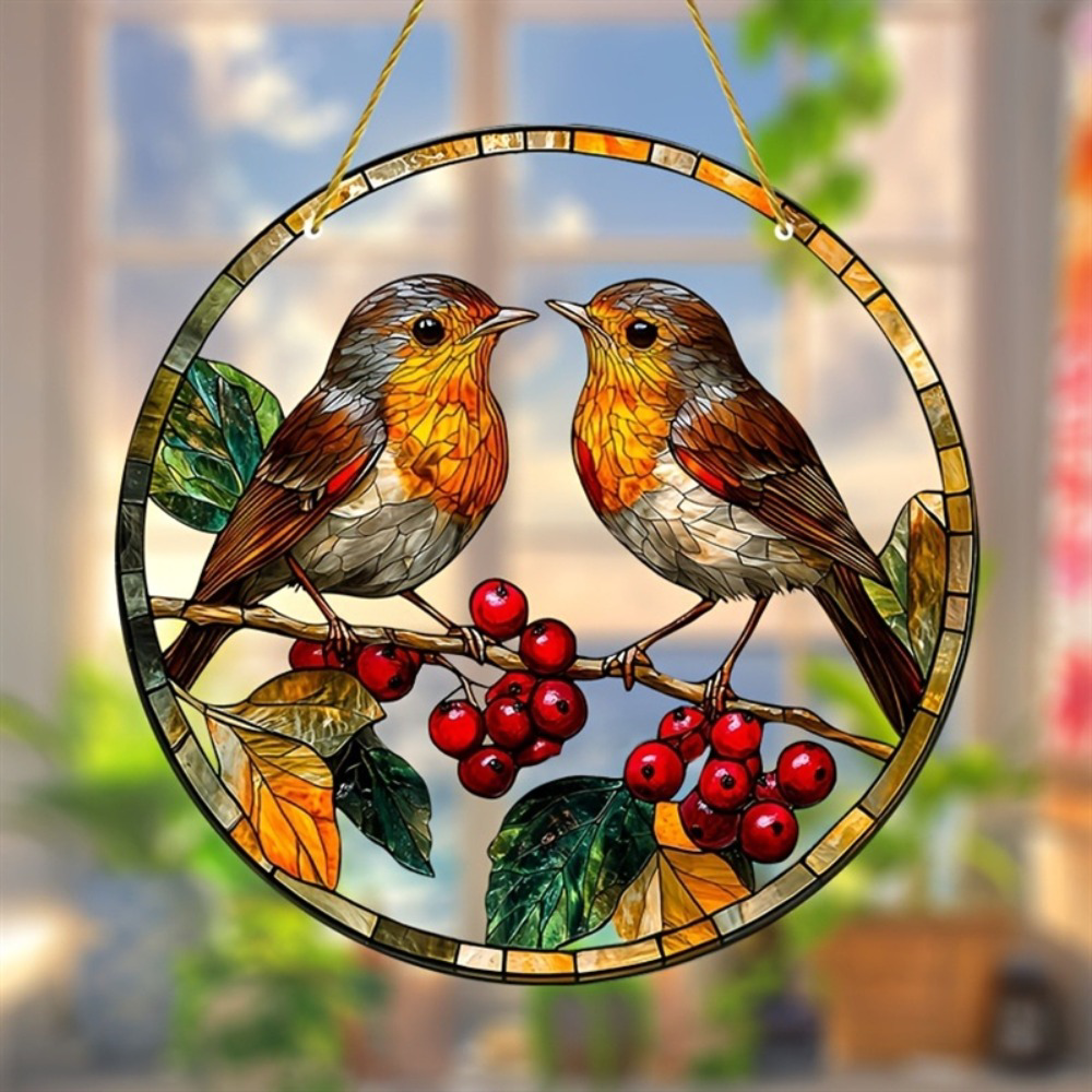 Robin Bird Suncatcher, Round Acrylic Window Hanging Ornament with Red Berry Leaf Pattern for Home Decor & Gift