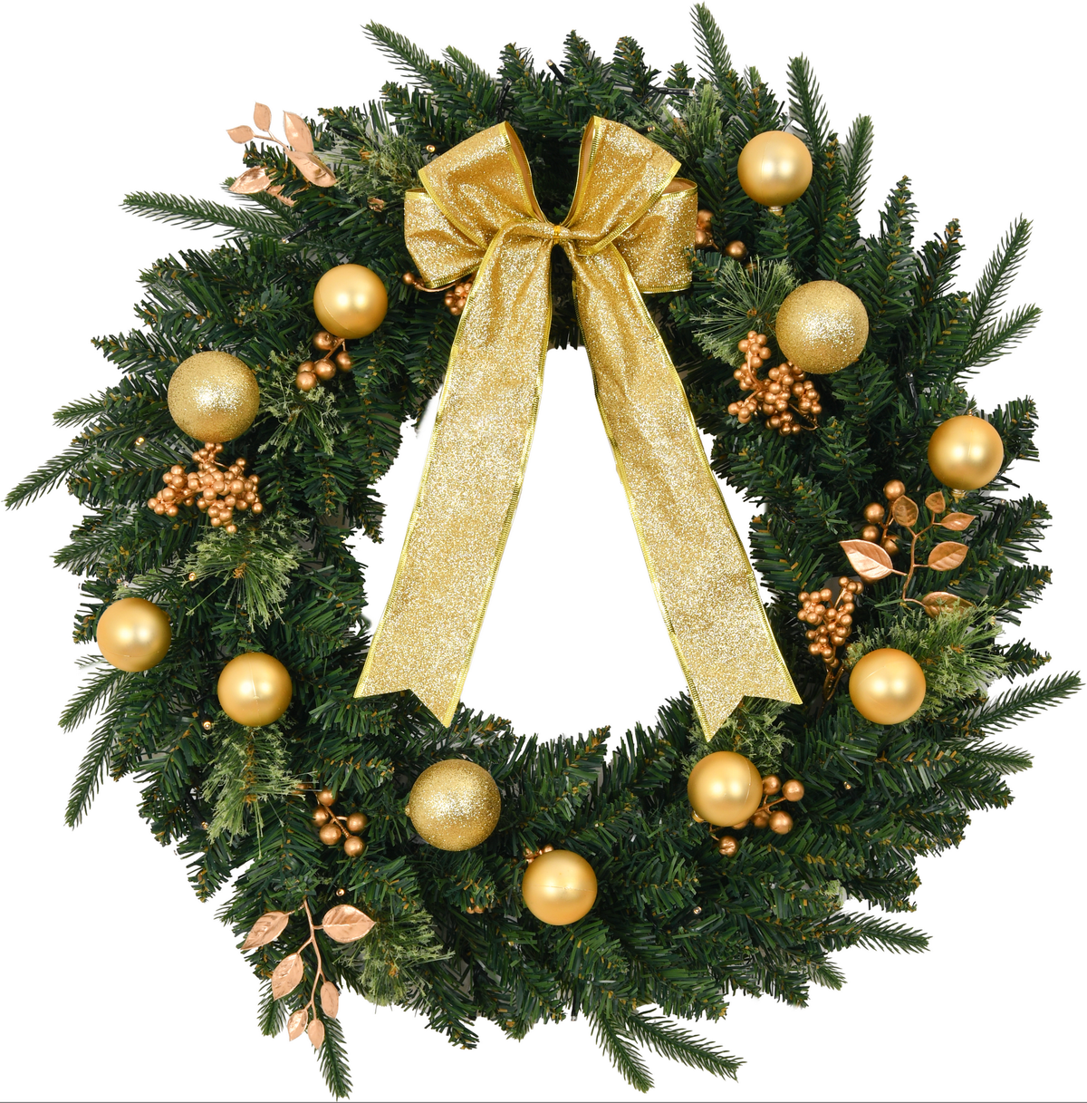 AEELLEEA-24in Pre-lit Artificial Christmas Wreath with Remote, 50 Warm LED Lights, 120 PVC Tips & Ornaments for Front Door, Gate & Wall Holiday Decor