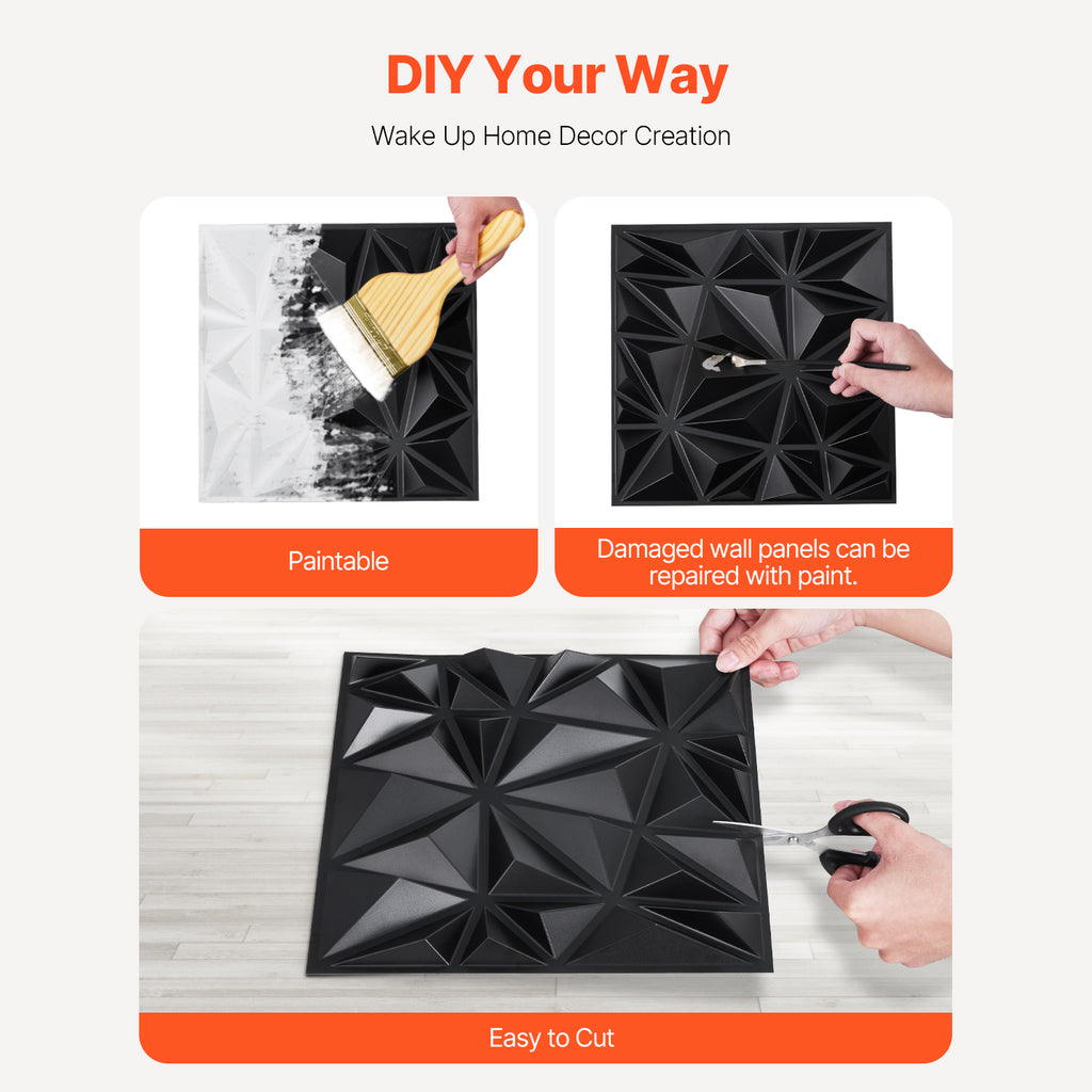 3D Wall Panels 33-Pack, 11.81" x 11.81" Diamond Matte Black Textured PVC - 32 Sq. Ft Coverage