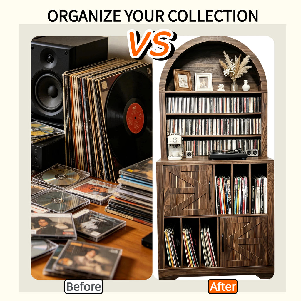 AEELLEEA Arched Vinyl Record Storage Cabinet, Tall Mid-Century Turntable Stand with Doors, Holds 400 LPs, Media Shelf for Living Room