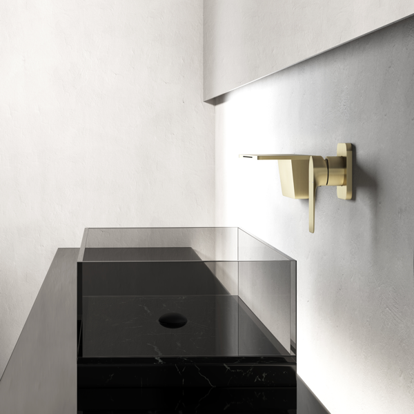 AEELLEEA Wall Mount Waterfall Bathroom Faucet, Modern Single Handle 2-Piece Sink Faucet Set with Wide Spout, Brushed Gold