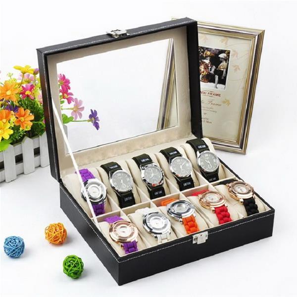10 Compartments High-grade Leather Watch Collection Storage Box Black