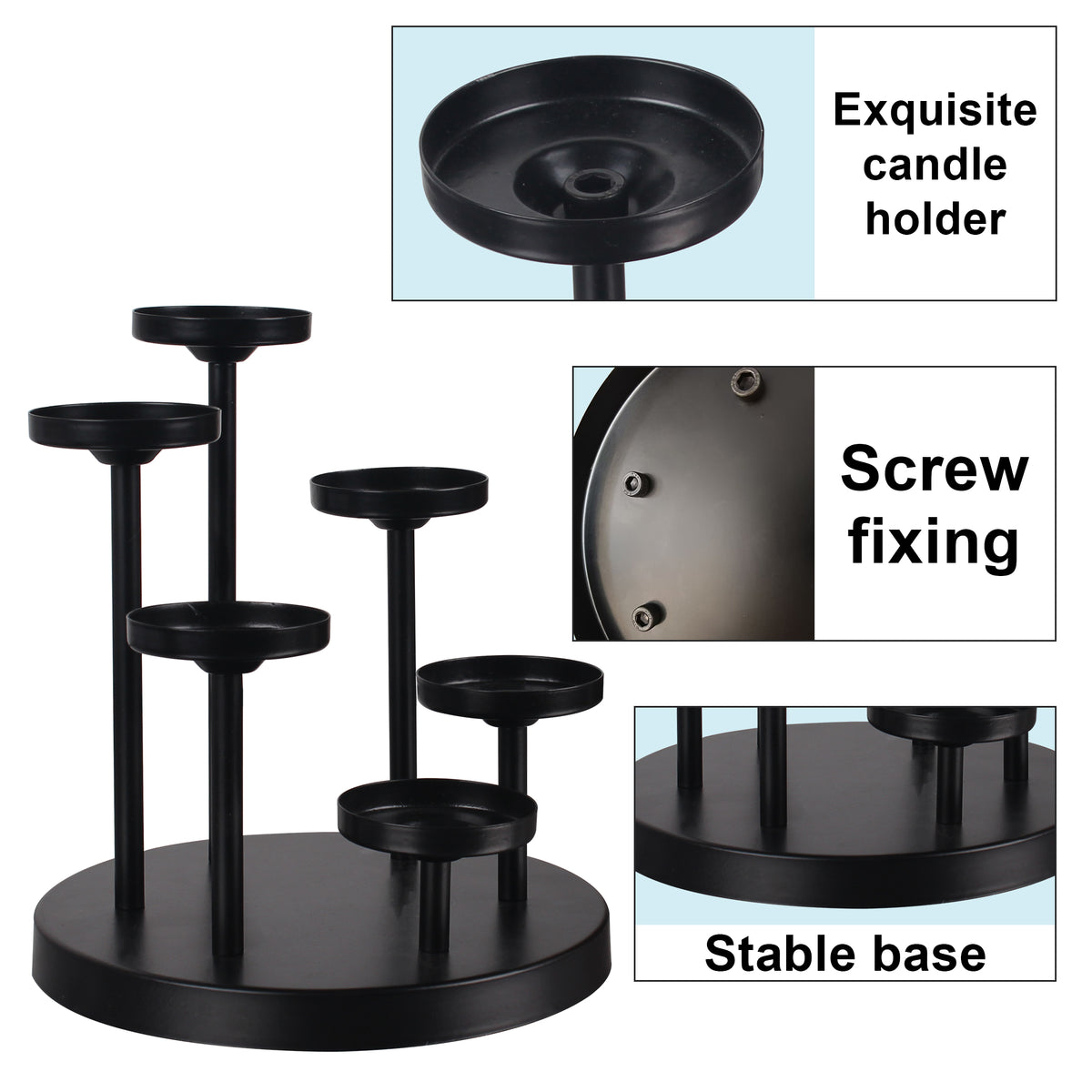 6-Arms Black Metal Tealight Candle Holder Tray, Set of 6 Candlestick Holders, Table Centerpiece Decor for Dining Room