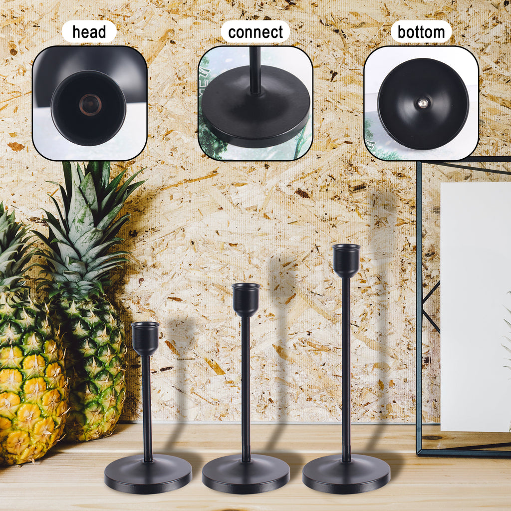 Set of 3 Flickering Flameless White Taper Candles & Black Metal Candlestick Holders, Bathroom Decor