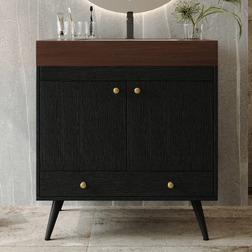 Modern Freestanding Bathroom Vanity with Sink, Black Walnut 2-Door Storage Cabinet with Drawer and Wood Top, Lavatory Console for Bathroom