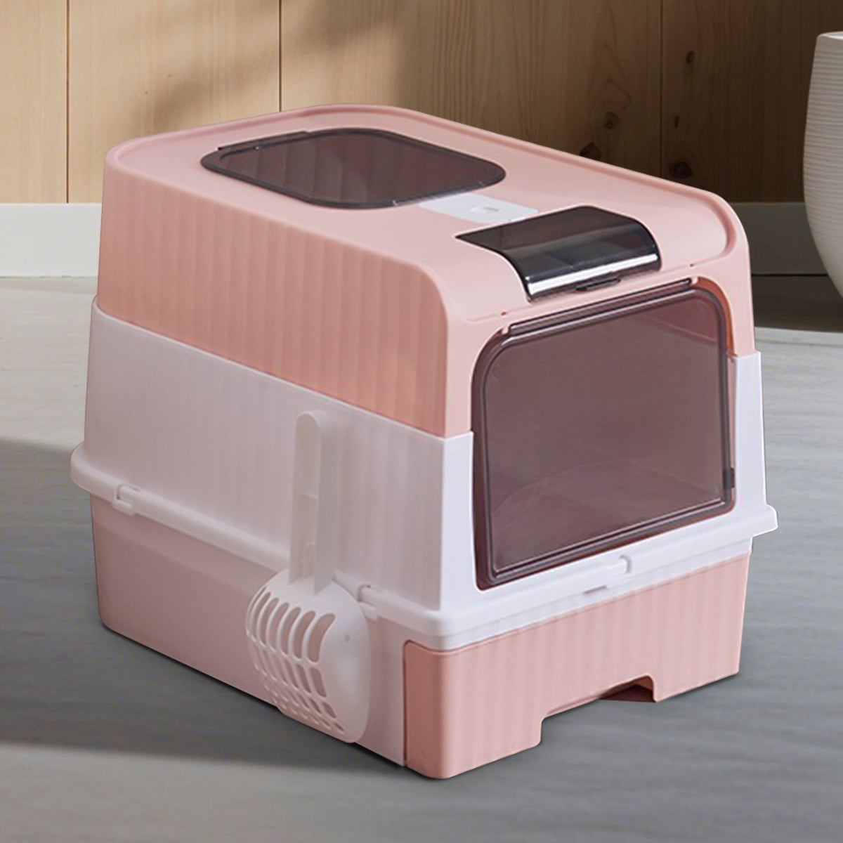 Enclosed Cat Litter Box with Drawer & Scoop, Covered Kitty Litter Box with Viewing Window & Deodorizer, Easy to Clean, for Medium Cats, Pink