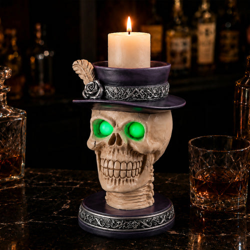 AEELLEEA Halloween Resin Skull Candle Holder ，Feather Top Hat Gothic Statue, Spooky Tabletop Decor for Party