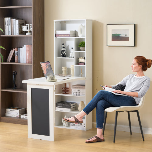 AEELLEEA Fold out Wall Mount Murphy Desk with Storage Shelves & Chalkboard, Space Saving Convertible Writing Table for Home Office