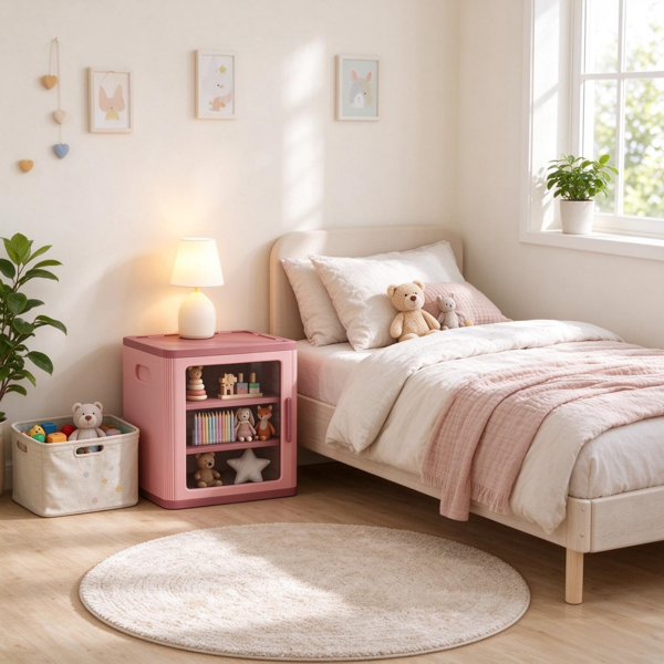 AEELLEEA Pink 2-Tier Storage Cabinet with Clear Door, 15.2" x 14" x 16.1", Kids Room Organizer