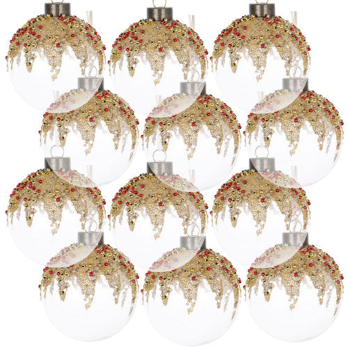 Glass Christmas Ornaments 12 Pack, Clear Ball with Gold Glitter and Red Bead Fringe, Hanging Tree Decor
