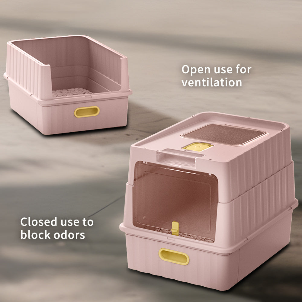 Convertible Enclosed Cat Litter Box with Pull-Out Drawer, Front Door, Top Vent Panel & Litter Scoop, Pink, 19.69" x 13.78" x 13.78"