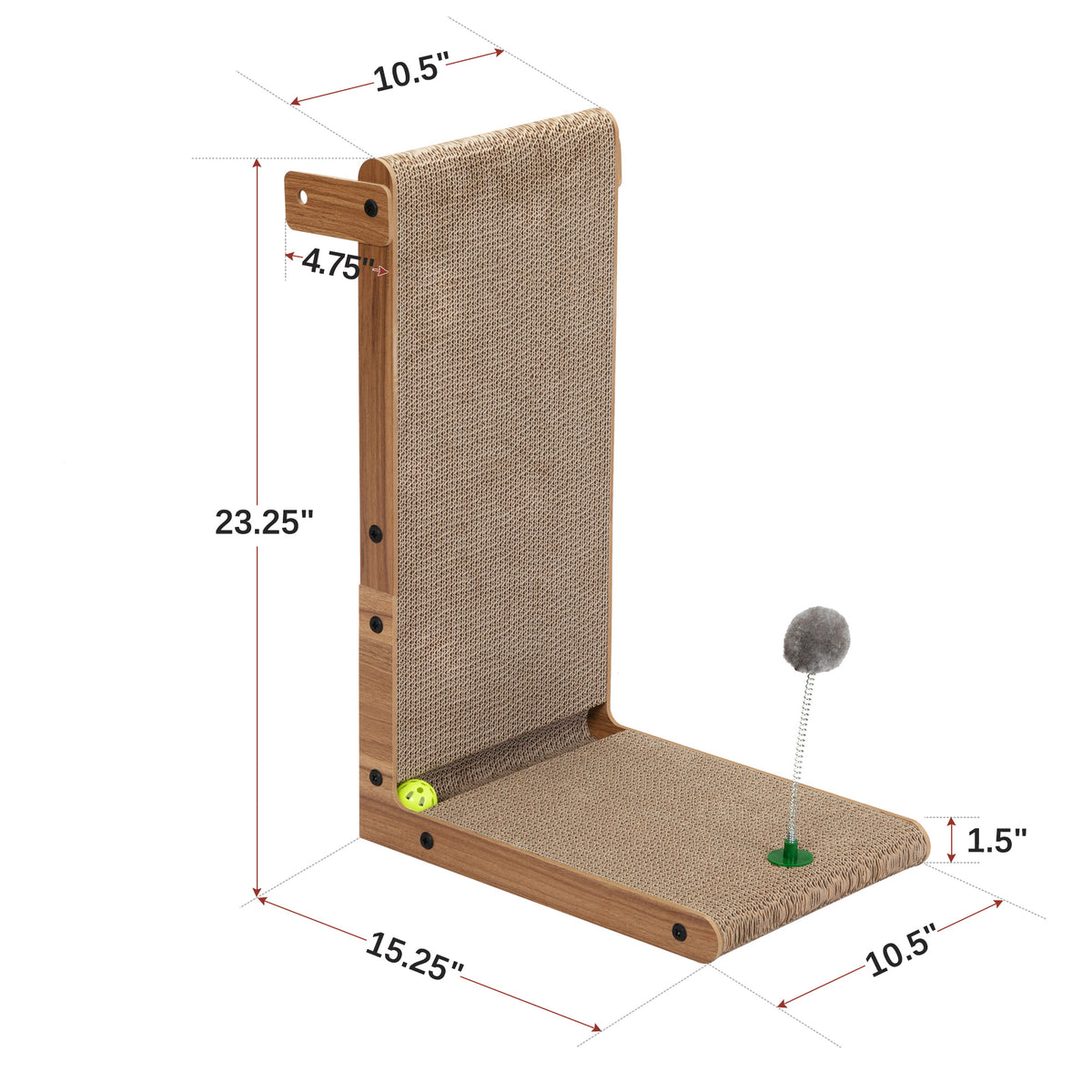 L-Shaped Cat Scratcher, Vertical Corrugated Cardboard Cat Scratching Board with Spring Plush Ball & Bell Toy, Protect Furniture Cat Scratch Pad