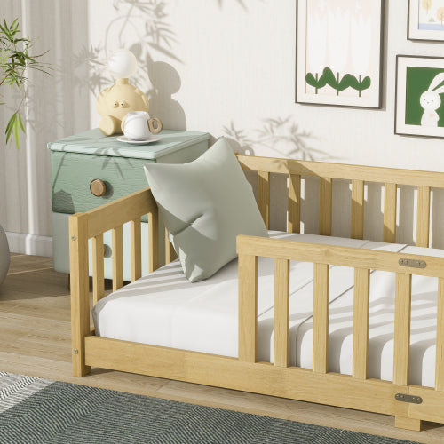AEELLEEA Twin Size Montessori Floor Bed with Guardrails, Wooden Kids Bed Frame with Low Entry and Slats, Natural