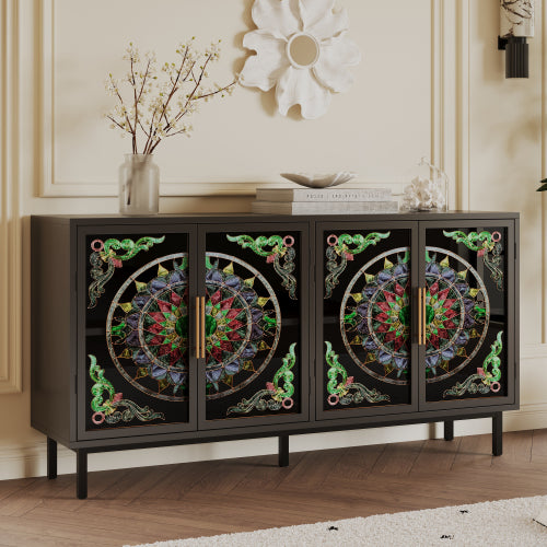 60" Stained Glass Sideboard Cabinet, Black Metal Storage with 4 Doors Gold Handles, Boho Buffet Cabinet for Living Room Dining Room