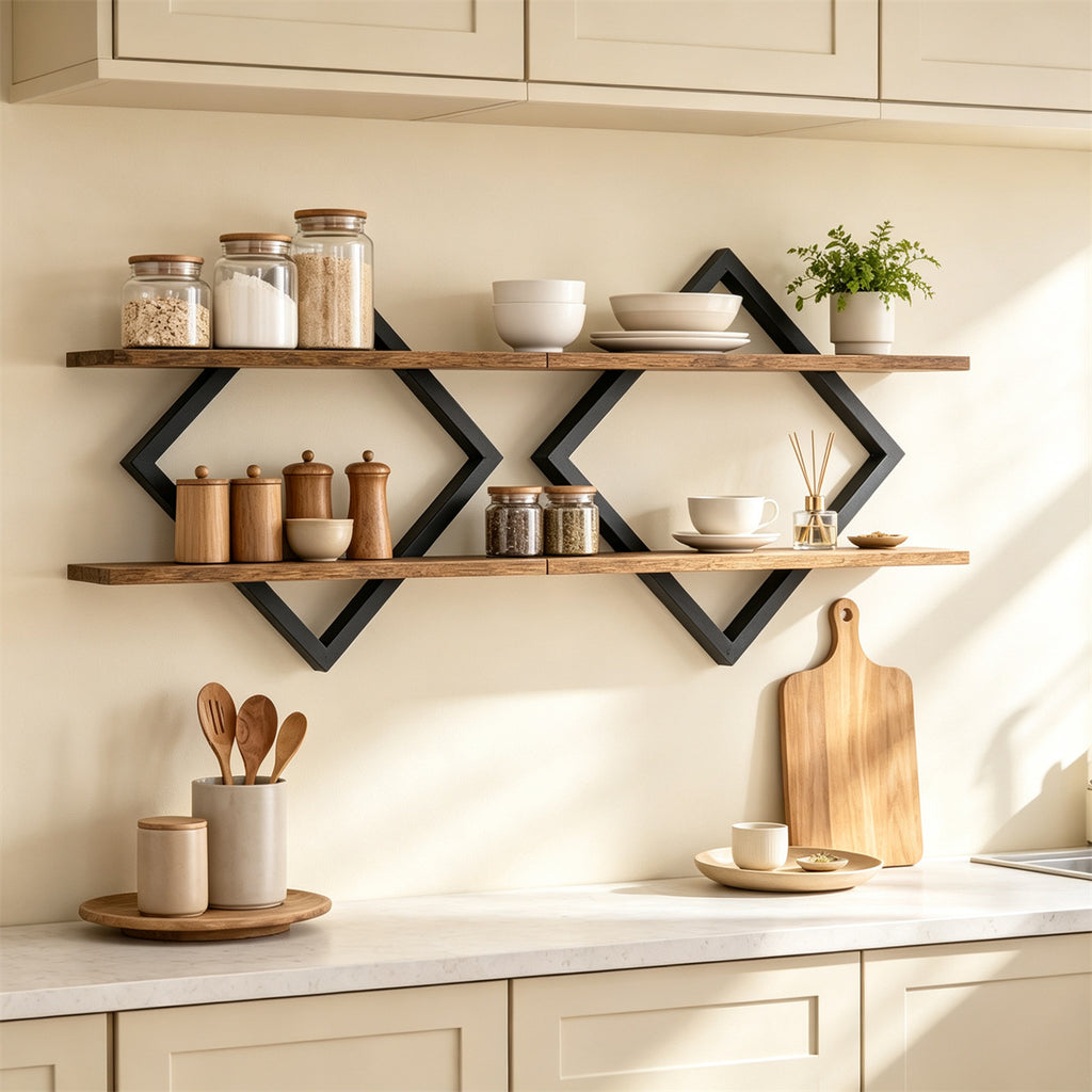 2 Pack Diamond Floating Wall Shelves, Rustic Wood & Metal Double Tier Wall Mount Shelf for Bedroom Living Room Kitchen Decor