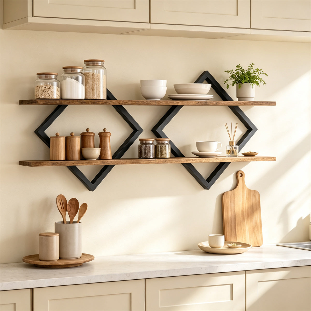 2 Pack Diamond Floating Wall Shelves, Rustic Wood & Metal Double Tier Wall Mount Shelf for Bedroom Living Room Kitchen Decor