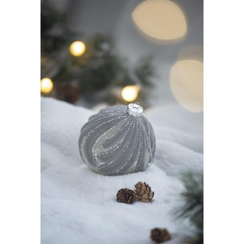 AEELLEEA 3.9" Grey Flocked Wave Glass Christmas Ornaments Set of 6, Silver Glitter Hanging Baubles for Xmas Tree Holiday Decor