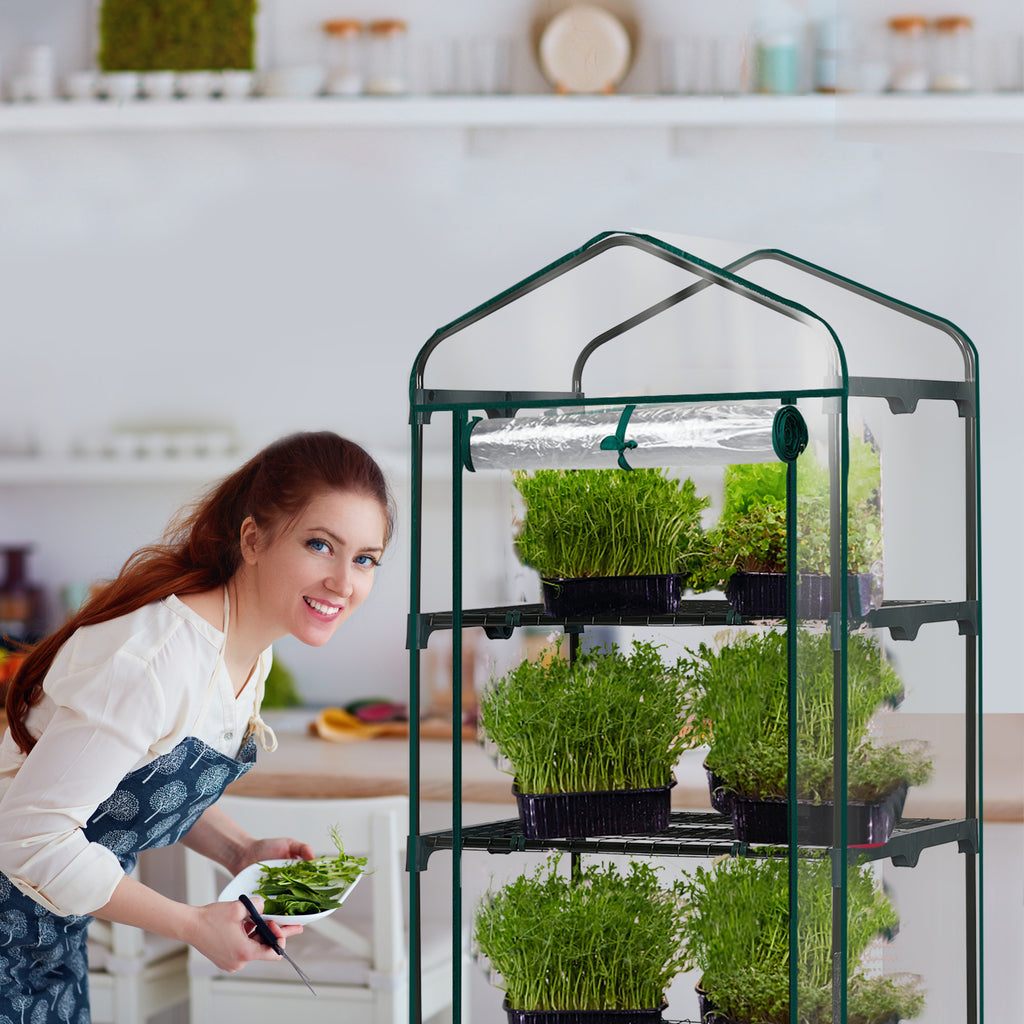 AEELLEEA-4-4-Tier Mini Greenhouse with PVC Cover & Roll-Up Zipper Door, Portable Waterproof Greenhouse for Garden Backyard. 27"x19"x62", transparent cover guards plants, easy to assemble & move, ideal for seedlings