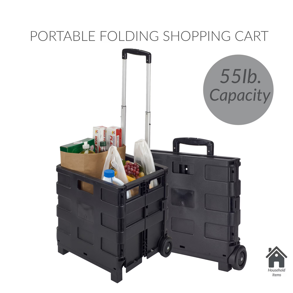 AEELLEEA Portable Folding Rolling Shopping Cart, Collapsible Plastic Utility Trolley with Extendable Handle, 55lbs Capacity for Grocery Office Storage
