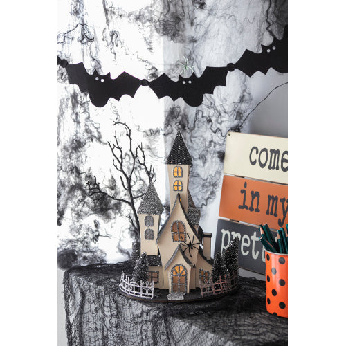 Lighted Haunted House Halloween Decor, Battery Powered Cardboard Spooky House, 10x8.3x13.5 Inch Black Beige Tabletop Ornament for Holiday Party Decoration