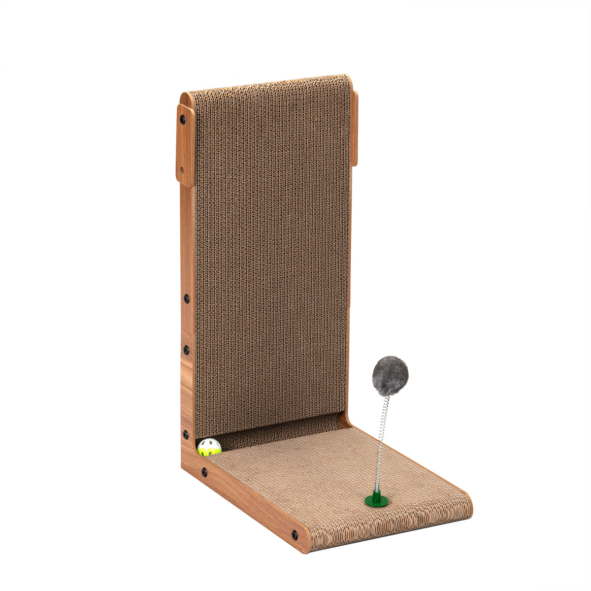 L-Shaped Cat Scratcher, Vertical Corrugated Cardboard Cat Scratching Board with Spring Plush Ball & Bell Toy, Protect Furniture Cat Scratch Pad