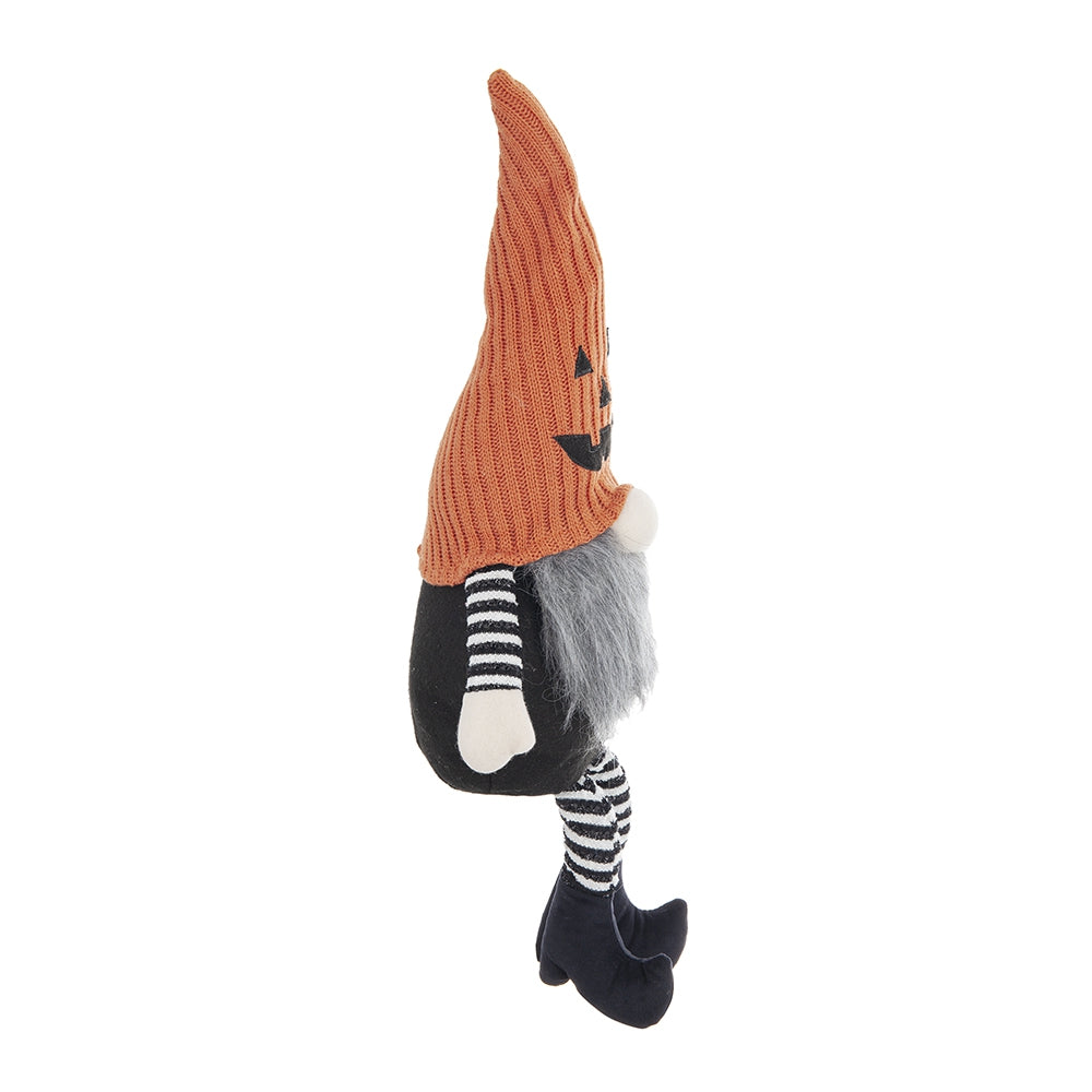 Halloween Gnome Decor, 23.5 Inch Fabric Sitting Plush Gnome with Orange Pumpkin Knit Hat, Black Striped Legs Farmhouse Tabletop Ornament for Holiday Home Party Decoration
