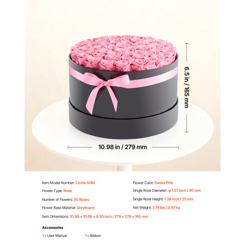AEELLEEA 50 Real Preserved Pink Roses Round Gift Box, Forever Flowers with Ribbon for Valentine’s Day, Mother’s Day, Birthday Gift