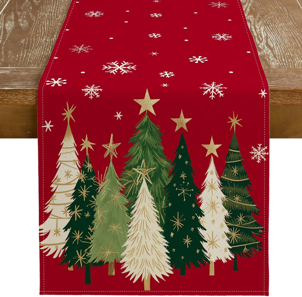Christmas Table Runner, 13×72 Inch Faux Linen Polyester, Christmas Tree & Snowflake Print, Machine Washable Holiday Table Decoration