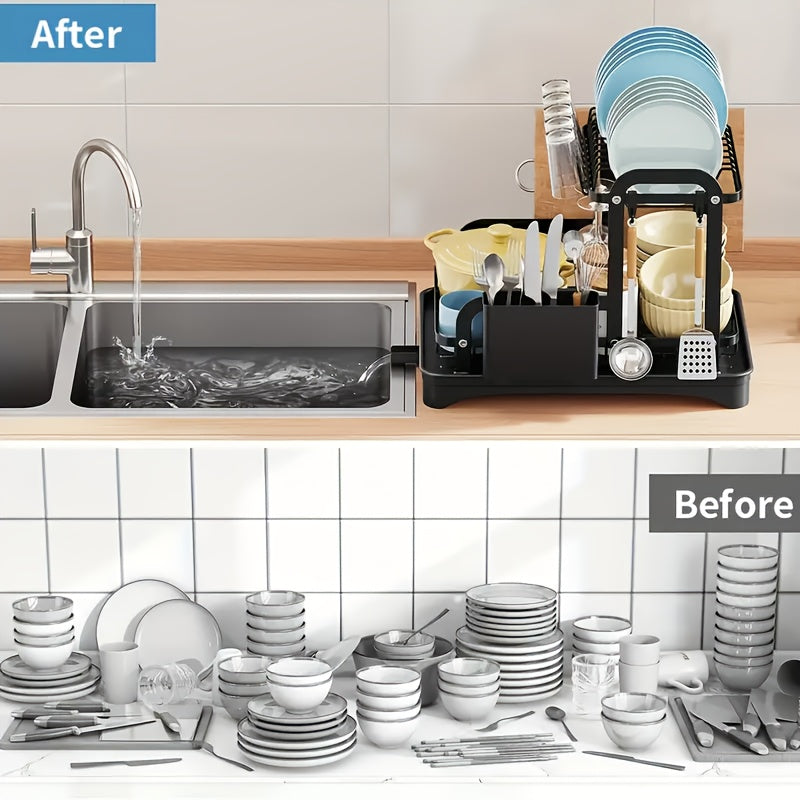 Large Dish Drying Rack - Stainless Steel Metal Dish Drying Rack for Kitchen Counter and Sink,2 Tier Dish Drainer with Drainboard,Black Kitchen Storage Rack with Cups Holder and Utensil Holder