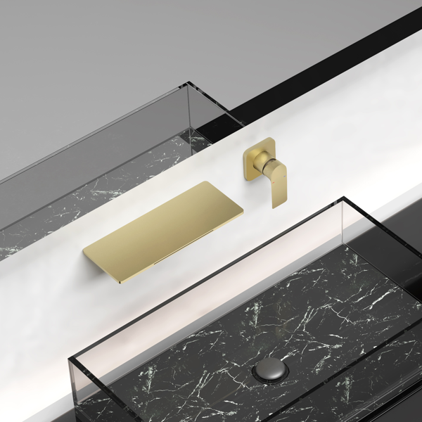 AEELLEEA Wall Mount Waterfall Bathroom Faucet, Modern Single Handle 2-Piece Sink Faucet Set with Wide Spout, Brushed Gold