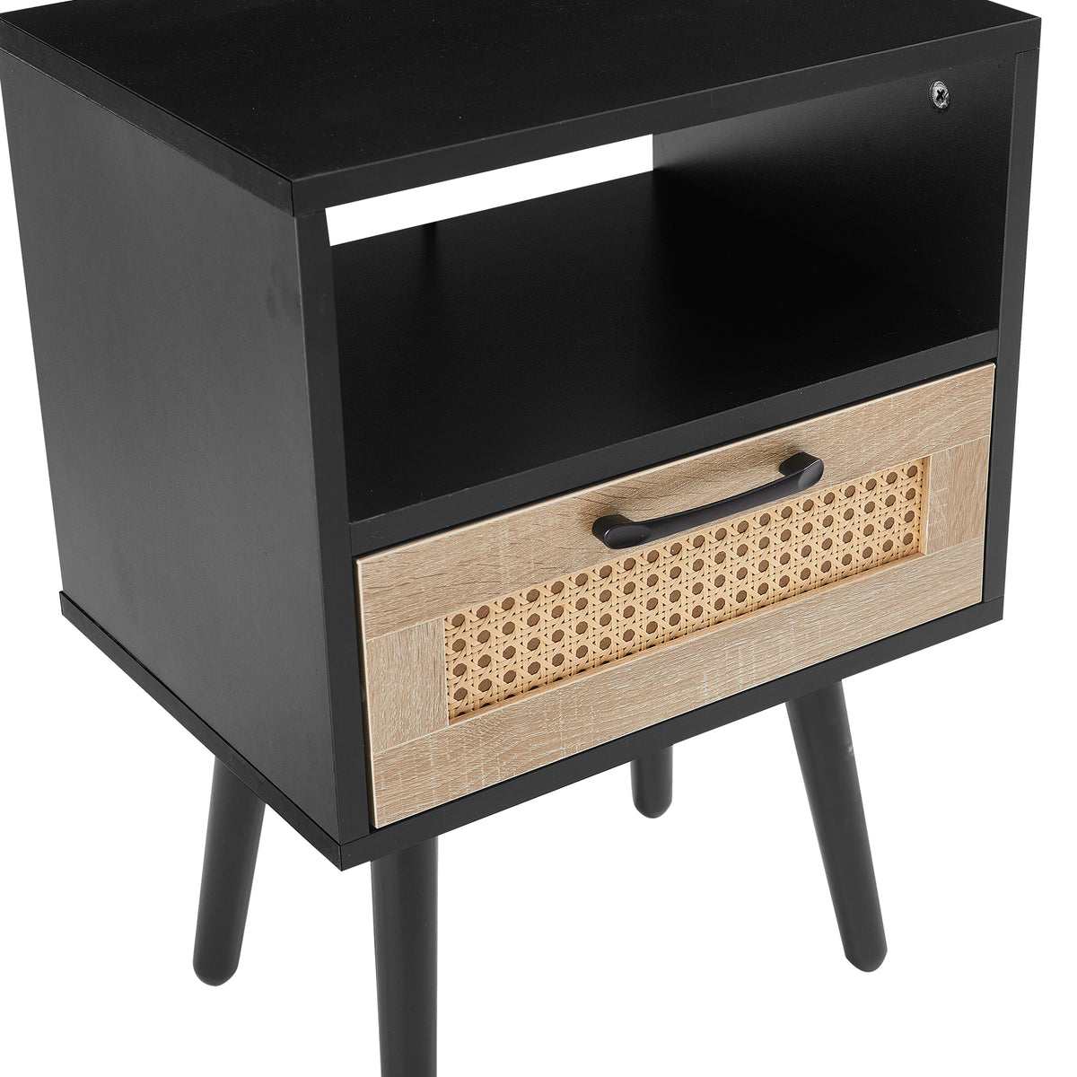 AEELLEEA- Black Rectangle Side Table, MDF Frame with Solid Wood Legs & Rattan Accent, 120 lbs Weight Capacity