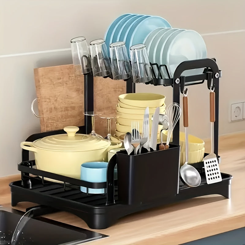 Large Dish Drying Rack - Stainless Steel Metal Dish Drying Rack for Kitchen Counter and Sink,2 Tier Dish Drainer with Drainboard,Black Kitchen Storage Rack with Cups Holder and Utensil Holder