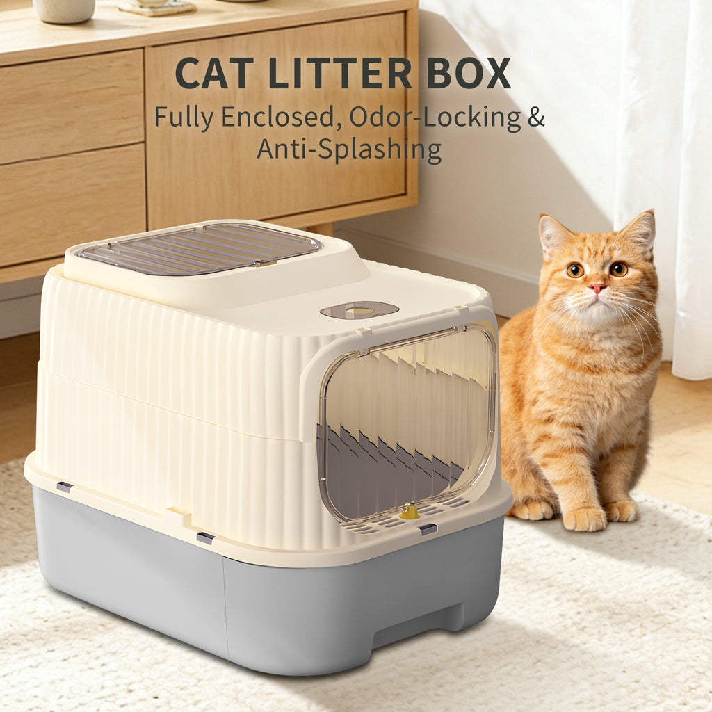 Enclosed Cat Litter Box with 2-Way Transparent Door and Litter Sifting Step, Removable Easy-Clean Design, Beige & Gray