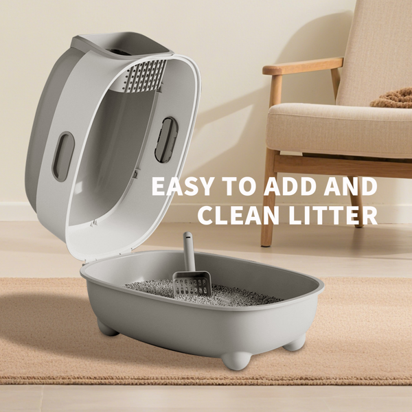 AEELLEEA Enclosed Cat Litter Box with Removable Lid, Litter Tracking Filter, Scoop Included, Gray and White, 22.05 x 15.75 x 15.75 in
