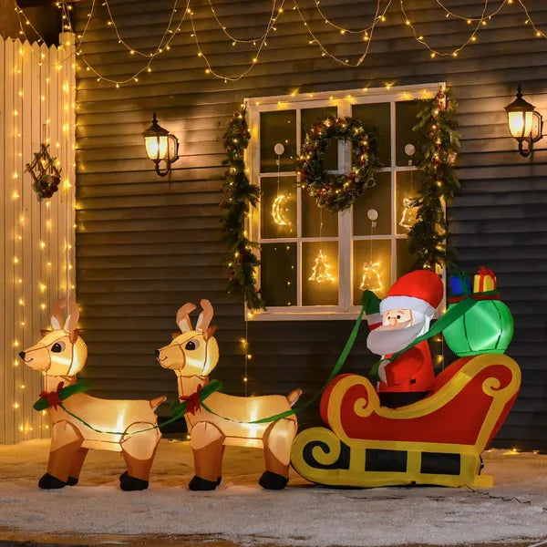 Aeelleea 8Ft Lighted Christmas Inflatable Santa with Sleigh & Reindeer, Blow Up Yard Decor with Built-in LED Lights for Outdoor Lawn Holiday Display