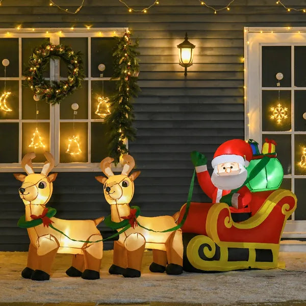 Aeelleea 8Ft Lighted Christmas Inflatable Santa with Sleigh & Reindeer, Blow Up Yard Decor with Built-in LED Lights for Outdoor Lawn Holiday Display