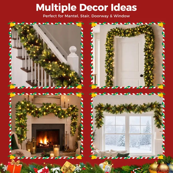 AEELLEEA 9FT Pre-Lit Artificial Christmas Garland with Pine Cones, Lighted Pine Garland for Mantel Stair Doorway Holiday Decor