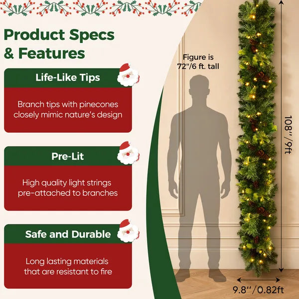 AEELLEEA 9FT Pre-Lit Artificial Christmas Garland with Pine Cones, Lighted Pine Garland for Mantel Stair Doorway Holiday Decor