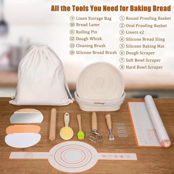 Aeelleea 9In Round & 10In Oval Rattan Banneton Set, 20Pcs Sourdough Baking Kit with Linen Liners & Tools for Artisan Bread Making