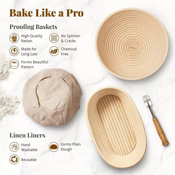 Aeelleea 9In Round & 10In Oval Rattan Banneton Set, 20Pcs Sourdough Baking Kit with Linen Liners & Tools for Artisan Bread Making