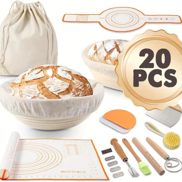 Aeelleea 9In Round & 10In Oval Rattan Banneton Set, 20Pcs Sourdough Baking Kit with Linen Liners & Tools for Artisan Bread Making