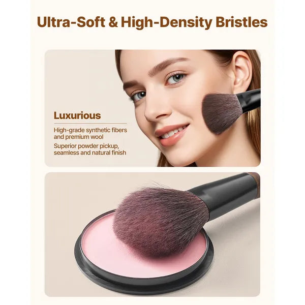 9‑Piece Professional Makeup Brush Set, Soft Synthetic Wool Bristles Birch Wood Handle Cosmetic Brushes Kit with Storage Bag for Face Eye Makeup