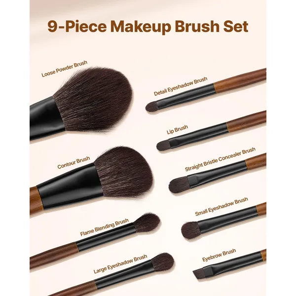 9‑Piece Professional Makeup Brush Set, Soft Synthetic Wool Bristles Birch Wood Handle Cosmetic Brushes Kit with Storage Bag for Face Eye Makeup