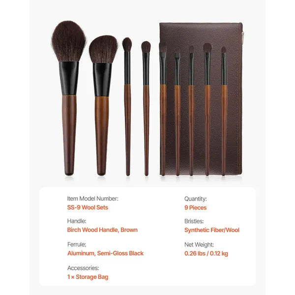 9‑Piece Professional Makeup Brush Set, Soft Synthetic Wool Bristles Birch Wood Handle Cosmetic Brushes Kit with Storage Bag for Face Eye Makeup