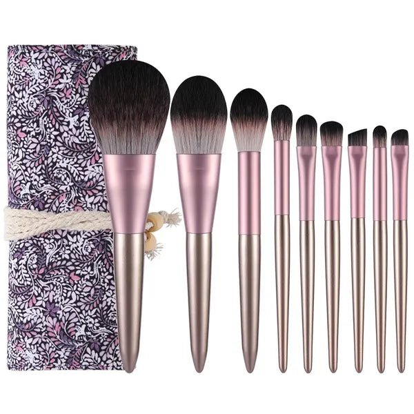 9-Piece Makeup Brush Set with Roll-Up Case, Soft Synthetic Bristles, Face & Eye Cosmetic Brushes