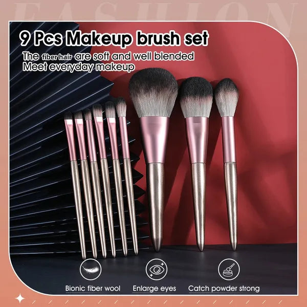 9-Piece Makeup Brush Set with Roll-Up Case, Soft Synthetic Bristles, Face & Eye Cosmetic Brushes